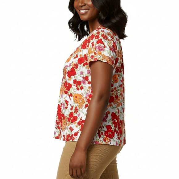 Chaus Red & Orange Floral Twist Knot Front Mod Poplin Blouse Top Sz M - Picture 2 of 12